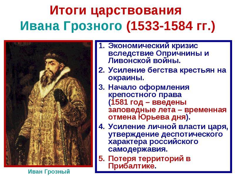 Итоги правления ивана грозного 7 класс таблица