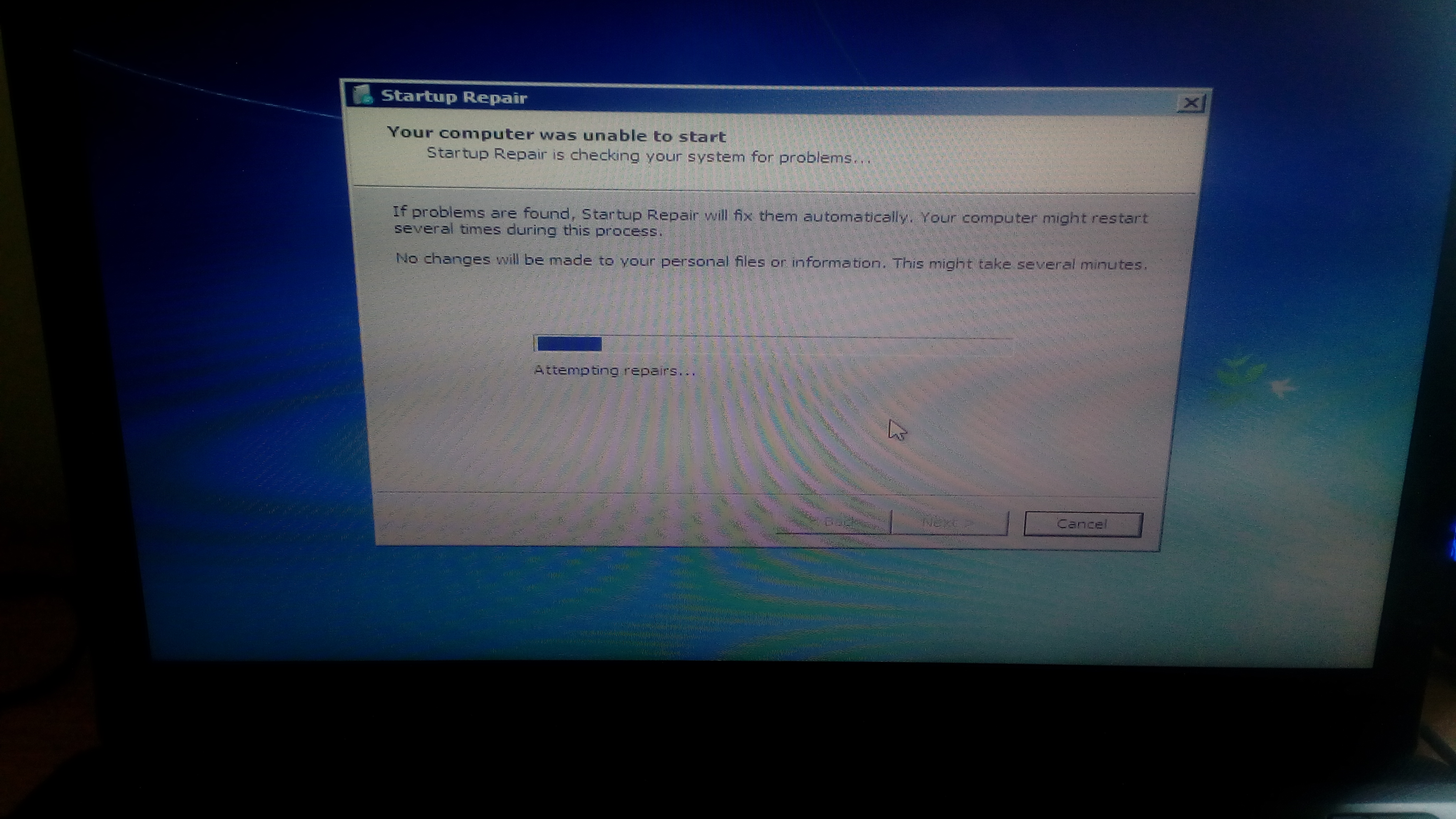 Startup Repair your Computer was unable to start