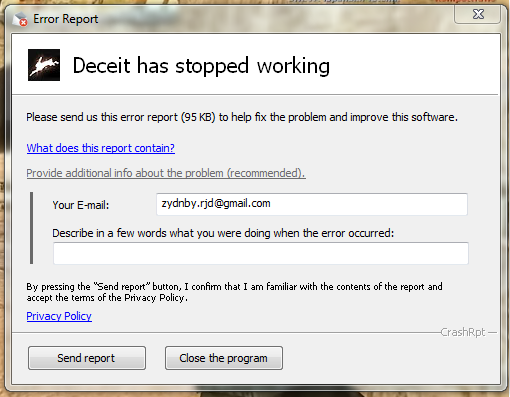 Ошибка has stopped working. Ошибка has stopped working