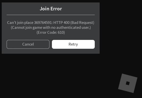 Cancelled error code. Error code 610. ошибка 610 в роблоксе. ошибки роблокса. ошибка 1001 в роблоксе.