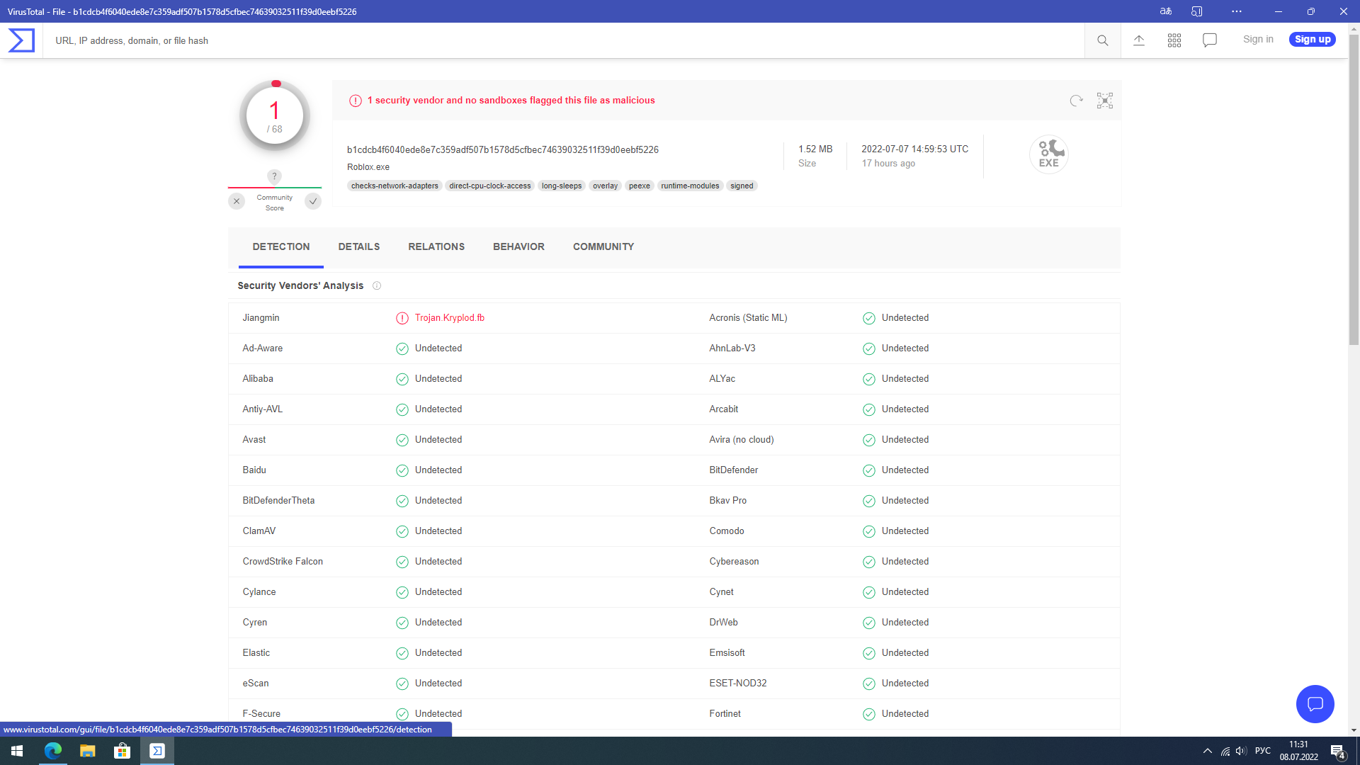 Ответы Mail.ru Ребят вирустотал нашёл вирус в роблоксеTrojan.Kryplod.fb