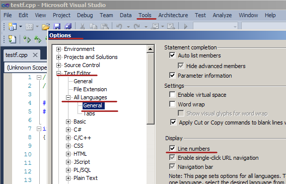 Visual studio как включить нумерацию строк. Visual studio как включить нумерацию строк