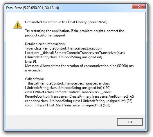 Unhandled exception executing command