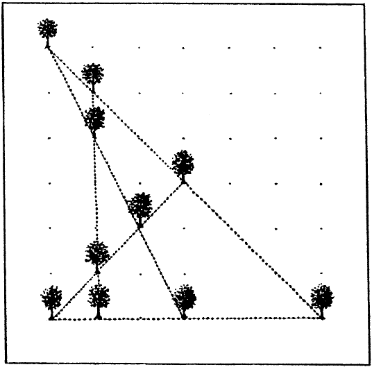 Пять рядов по четыре дерева. У вас есть 10 деревьев. Деревья 5 рядов по 4 дерева. Пять рядов по четыре дерева. 10 деревьев в 5 рядов по 4 дерева в каждом.